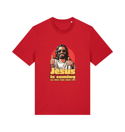 red funny jesus t-shirt with a graphic of jesus sticking his thumbs up and the slogan 'jesus is coming all over your mums tits'