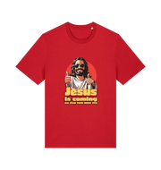 red funny jesus t-shirt with a graphic of jesus sticking his thumbs up and the slogan 'jesus is coming all over your mums tits'