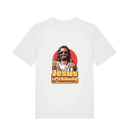 white funny jesus t-shirt with a graphic of jesus sticking his thumbs up and the slogan 'jesus is coming all over your mums tits'