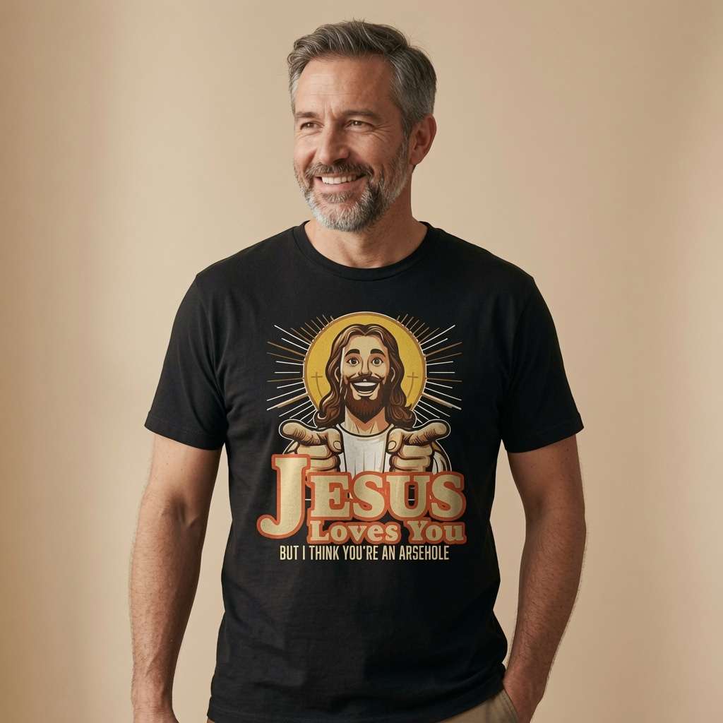 Grey-haired man smiling in black Jesus Loves You But I Think You’re an Arsehole tee with pointing Jesus design, funny offensive jesus graphic