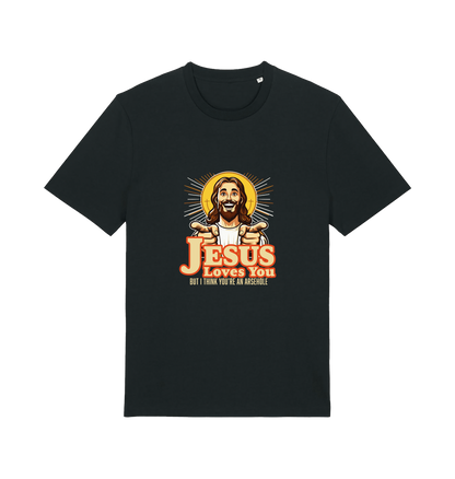 black funny offensive t-shirt with the graphic of jesus pointing his fingers and the slogan 'jesus loves you but i think you're and arsehole'