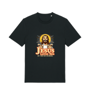 black funny offensive t-shirt with the graphic of jesus pointing his fingers and the slogan 'jesus loves you but i think you're and arsehole'