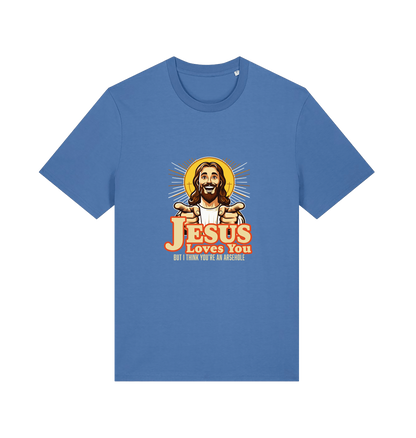 blue funny offensive t-shirt with the graphic of jesus pointing his fingers and the slogan 'jesus loves you but i think you're and arsehole'