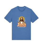 blue funny offensive t-shirt with the graphic of jesus pointing his fingers and the slogan 'jesus loves you but i think you're and arsehole'