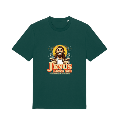 green funny offensive t-shirt with the graphic of jesus pointing his fingers and the slogan 'jesus loves you but i think you're and arsehole'