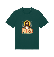 green funny offensive t-shirt with the graphic of jesus pointing his fingers and the slogan 'jesus loves you but i think you're and arsehole'
