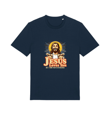 navy funny offensive t-shirt with the graphic of jesus pointing his fingers and the slogan 'jesus loves you but i think you're and arsehole'