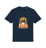 navy funny offensive t-shirt with the graphic of jesus pointing his fingers and the slogan 'jesus loves you but i think you're and arsehole'