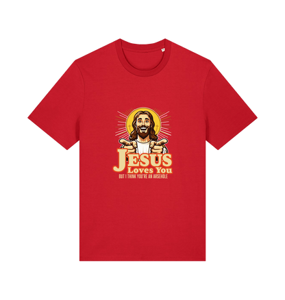 red funny offensive t-shirt with the graphic of jesus pointing his fingers and the slogan 'jesus loves you but i think you're and arsehole'