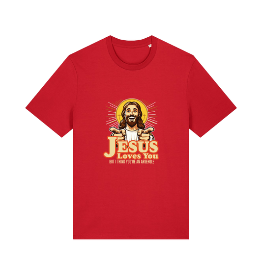 red funny offensive t-shirt with the graphic of jesus pointing his fingers and the slogan 'jesus loves you but i think you're and arsehole'