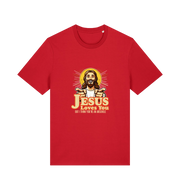 red funny offensive t-shirt with the graphic of jesus pointing his fingers and the slogan 'jesus loves you but i think you're and arsehole'