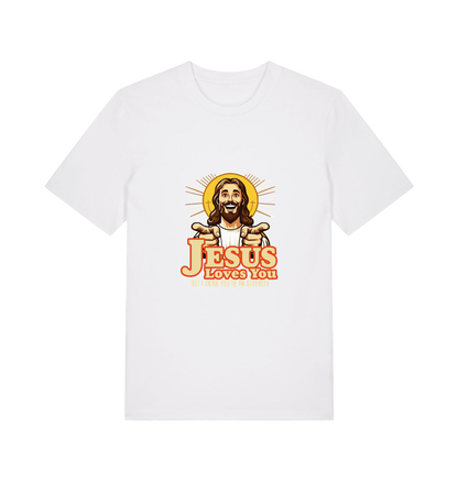 white funny offensive t-shirt with the graphic of jesus pointing his fingers and the slogan 'jesus loves you but i think you're and arsehole'