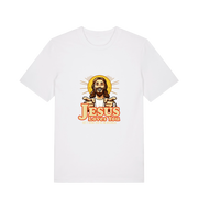 white funny offensive t-shirt with the graphic of jesus pointing his fingers and the slogan 'jesus loves you but i think you're and arsehole'