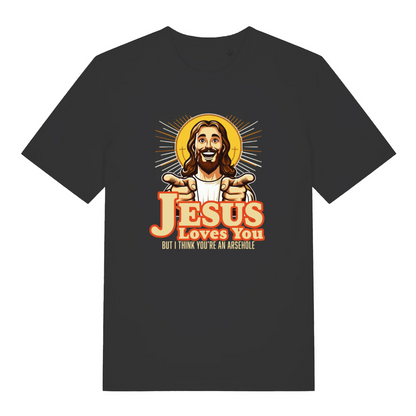 Black women's funny jesus t-shirt with 'Jesus Loves You, But I Think You're an Asshole' graphic design 