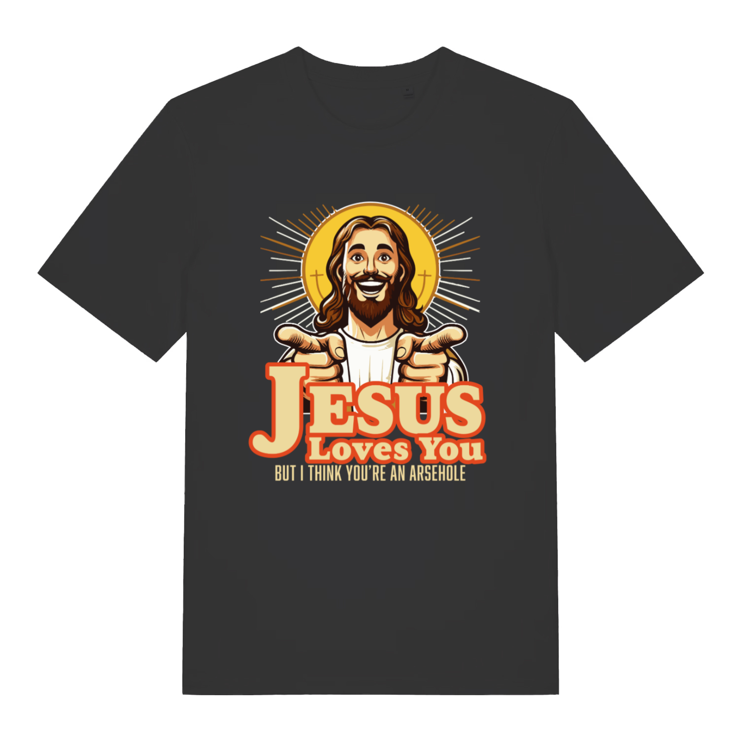 Black women's Jesus Loves You funny graphic t-shirt with pointing Jesus and “BUT I THINK YOU’RE AN ARSEHOLE” slogan  