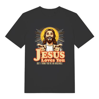 Black women's Jesus Loves You funny graphic t-shirt with pointing Jesus and “BUT I THINK YOU’RE AN ARSEHOLE” slogan  