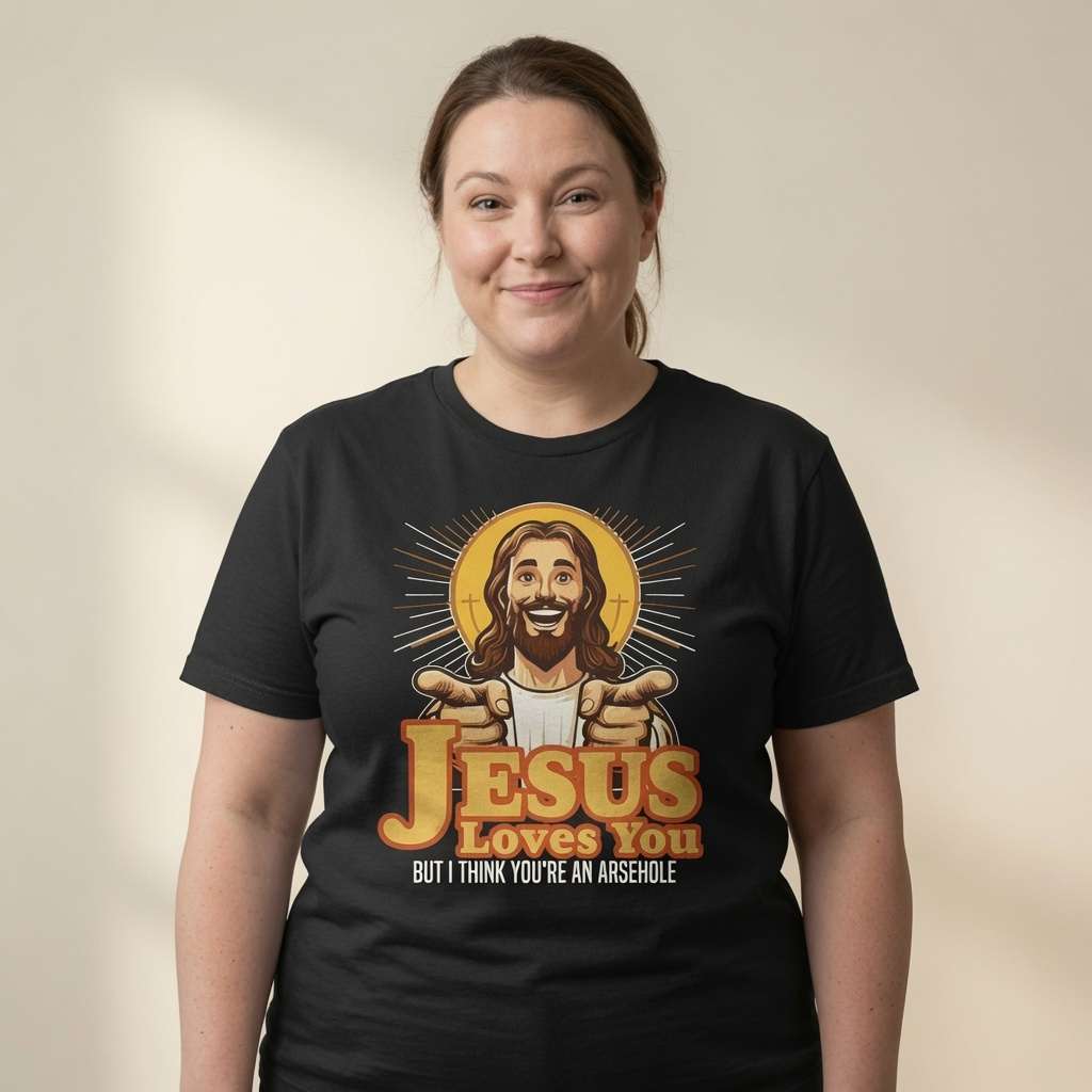 Woman with slight smile in black Jesus Loves You But I Think You’re an Arsehole t-shirt featuring pointing Jesus graphic, funny witty ladies offensive jesus graphic