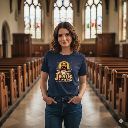 Woman wearing a t-shirt with 'Jesus Loves You' in a church setting