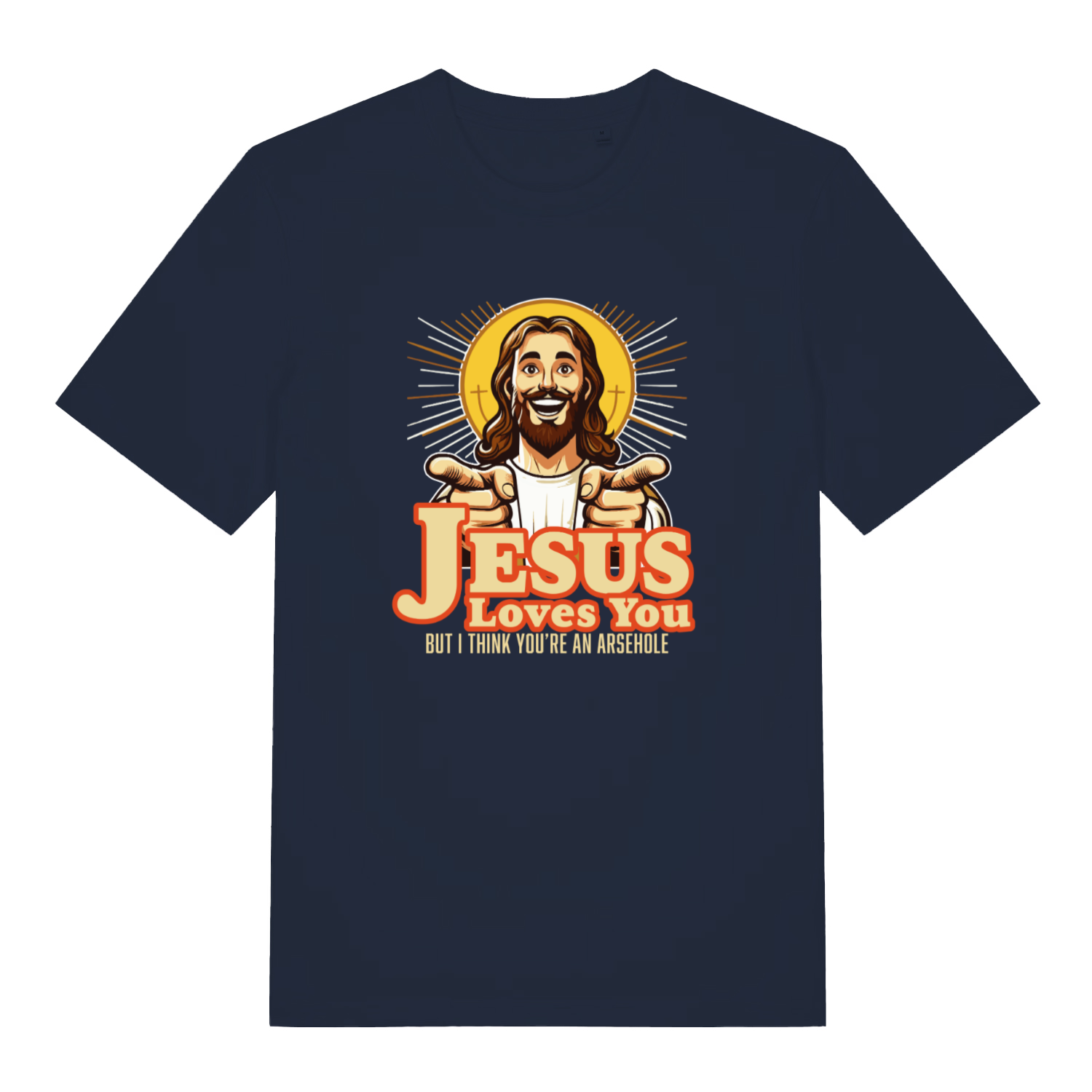 navy women's funny jesus t-shirt with 'Jesus Loves You, But I Think You're an Asshole' graphic design 