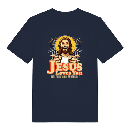 navy women's funny jesus t-shirt with 'Jesus Loves You, But I Think You're an Asshole' graphic design 