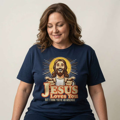 Woman looking down smiling in navy Jesus Loves You But I Think You’re an Arsehole tee with pointing Jesus design, funny witty offensive graphic