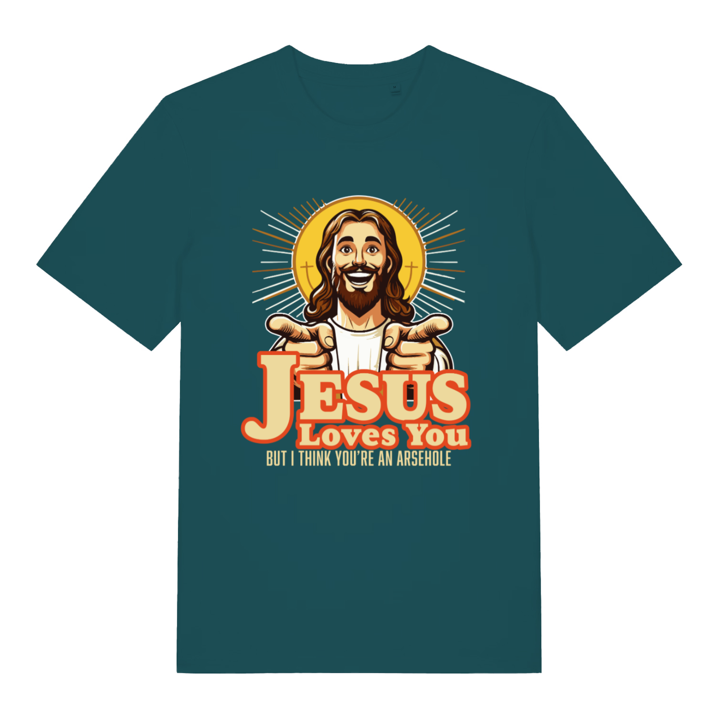 Stargazer women's Jesus Loves You funny graphic t-shirt showing halo Jesus pointing and “BUT I THINK YOU’RE AN ARSEHOLE” design  