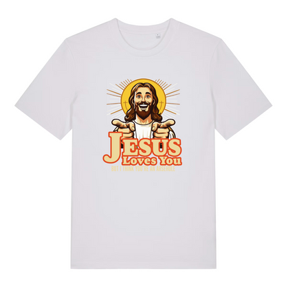 white women's funny jesus t-shirt with 'Jesus Loves You, But I Think You're an Asshole' graphic design 
