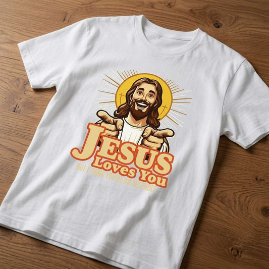White Jesus Loves You But I Think You’re an Arsehole t-shirt on wood featuring pointing Jesus, ladies offensive graphic jesus