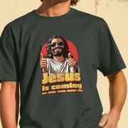 Black offensive t-shirt with a graphic of Jesus with sunglasses and text 'Jesus is coming all over your moms tits' on a beige background.