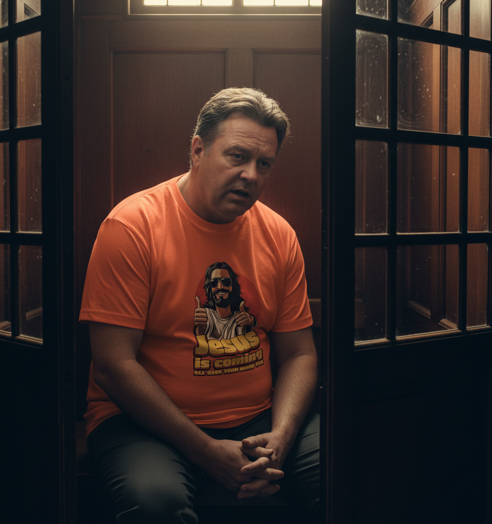 Man wearing an orange t-shirt with a graphic design, sitting in a dimly lit room with bars on the windows.