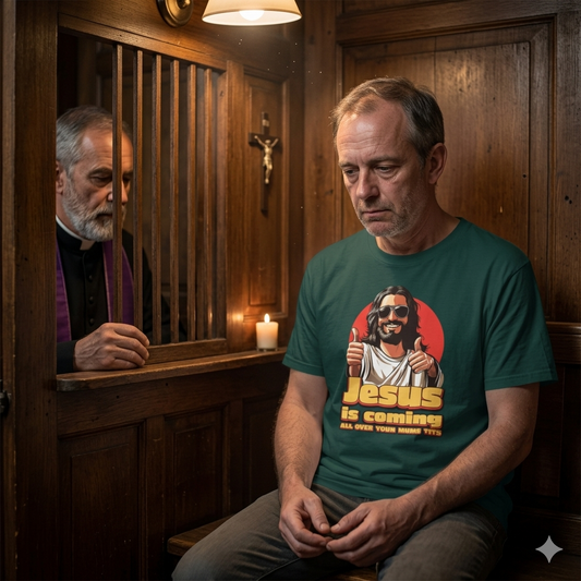 Man in a church confessional wearing a t-shirt with a graphic of Jesus and text.
