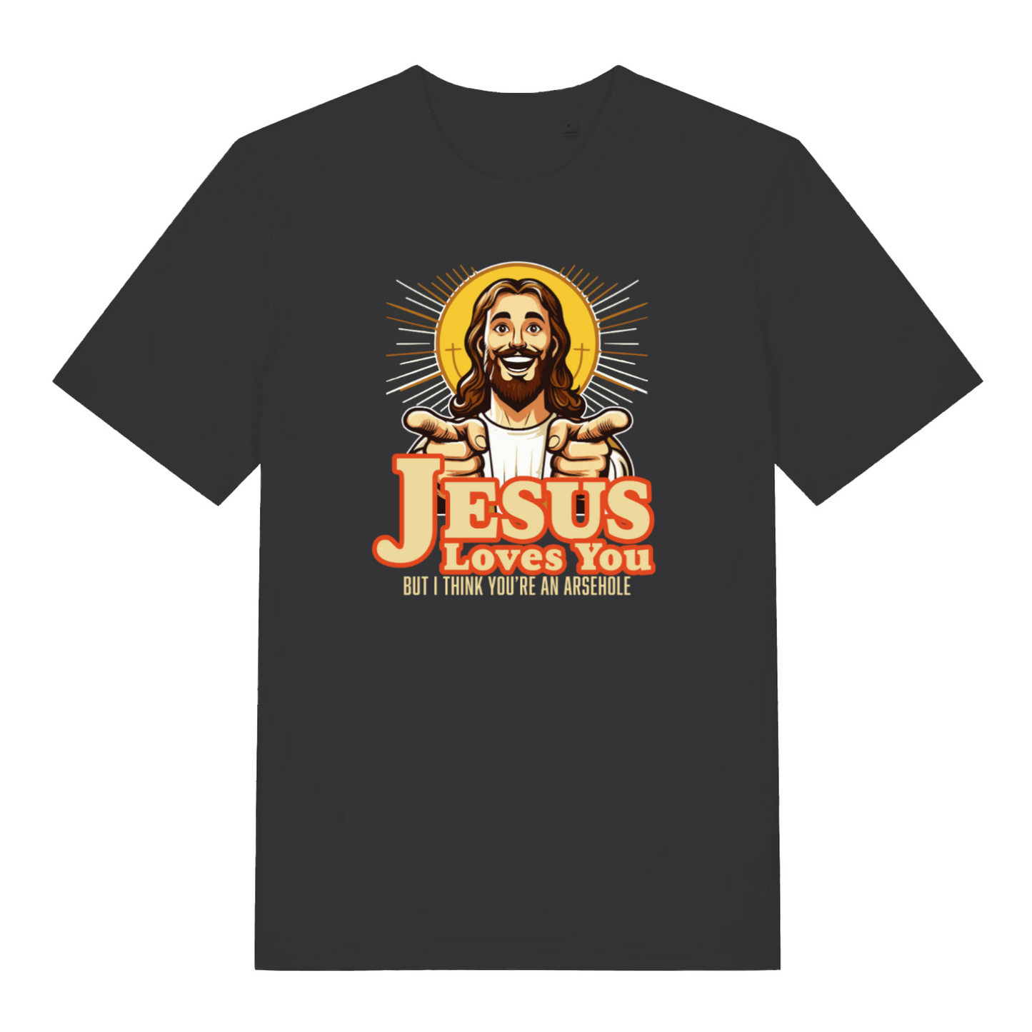black funny jesus t-shirt with the graphic of jesus smiling and pointing and the slogan 'jesus loves you but i think you're an arsehole'
