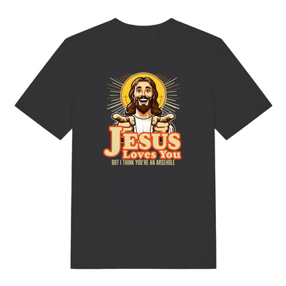 black funny jesus t-shirt with the graphic of jesus smiling and pointing and the slogan 'jesus loves you but i think you're an arsehole'