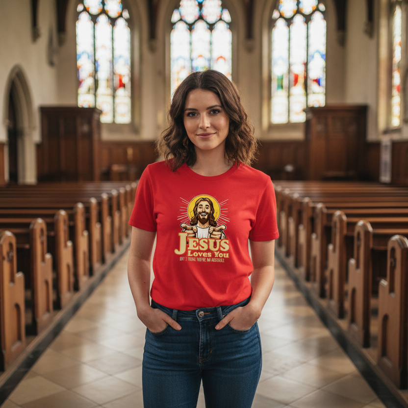 Woman wearing a red t-shirt with 'Jesus Loves You' in a church setting