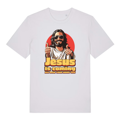 white funny jesus t-shirt with the graphic of jesus giving a thumbs up and the slogan 'jesus is coming all over your mums tits'