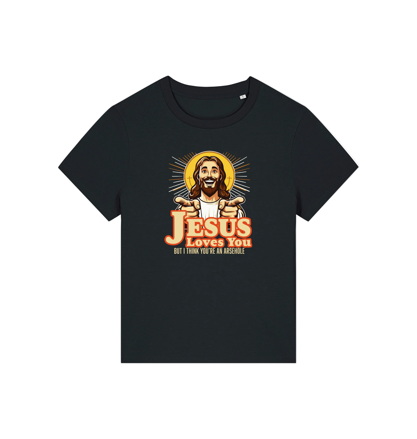 black funny jesus t-shirt with a graphic of a smiling jesus and the slogan 'jesus loves you but i think you're an arsehole'