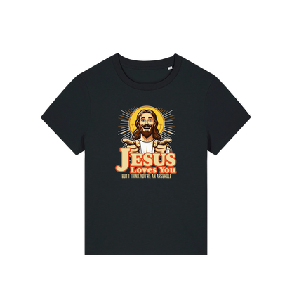 black funny jesus t-shirt with a graphic of a smiling jesus and the slogan 'jesus loves you but i think you're an arsehole'