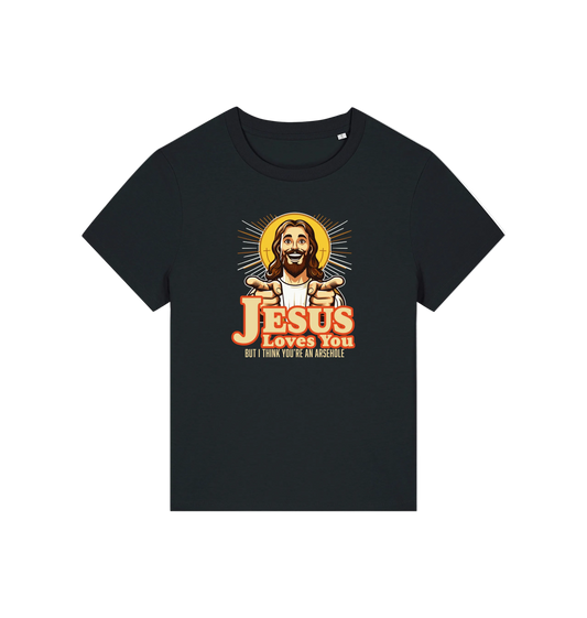 black funny jesus t-shirt with a graphic of a smiling jesus and the slogan 'jesus loves you but i think you're an arsehole'