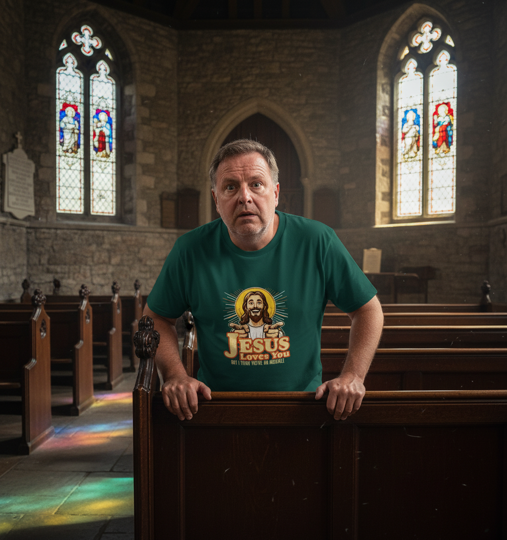 Man wearing a green t-shirt with a graphic design in a church setting