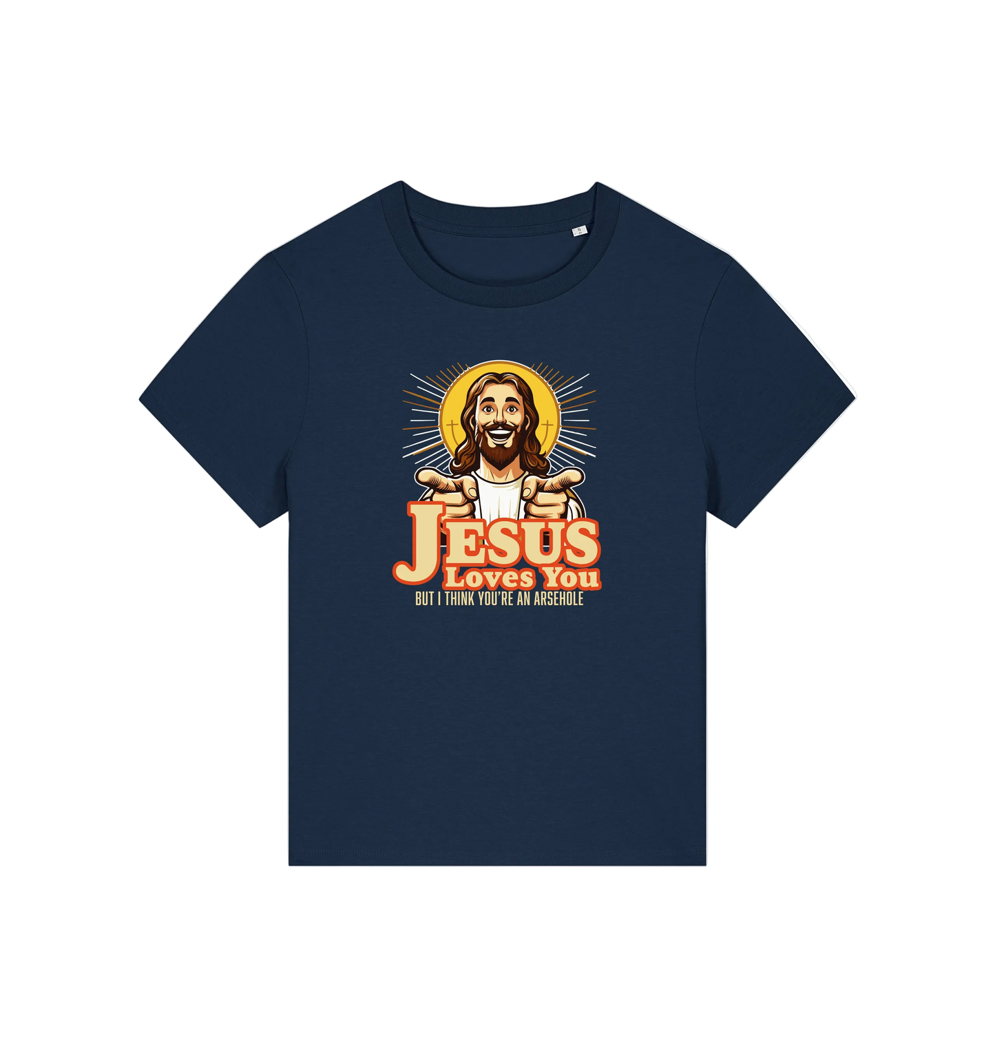 navy funny jesus t-shirt with a graphic of a smiling jesus and the slogan 'jesus loves you but i think you're an arsehole'