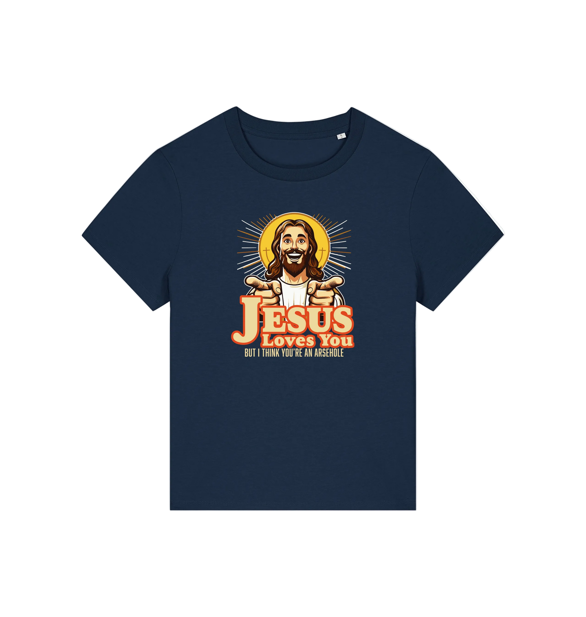 navy funny jesus t-shirt with a graphic of a smiling jesus and the slogan 'jesus loves you but i think you're an arsehole'