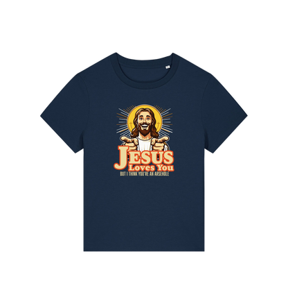 navy funny jesus t-shirt with a graphic of a smiling jesus and the slogan 'jesus loves you but i think you're an arsehole'