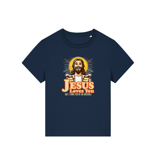 navy funny jesus t-shirt with a graphic of a smiling jesus and the slogan 'jesus loves you but i think you're an arsehole'