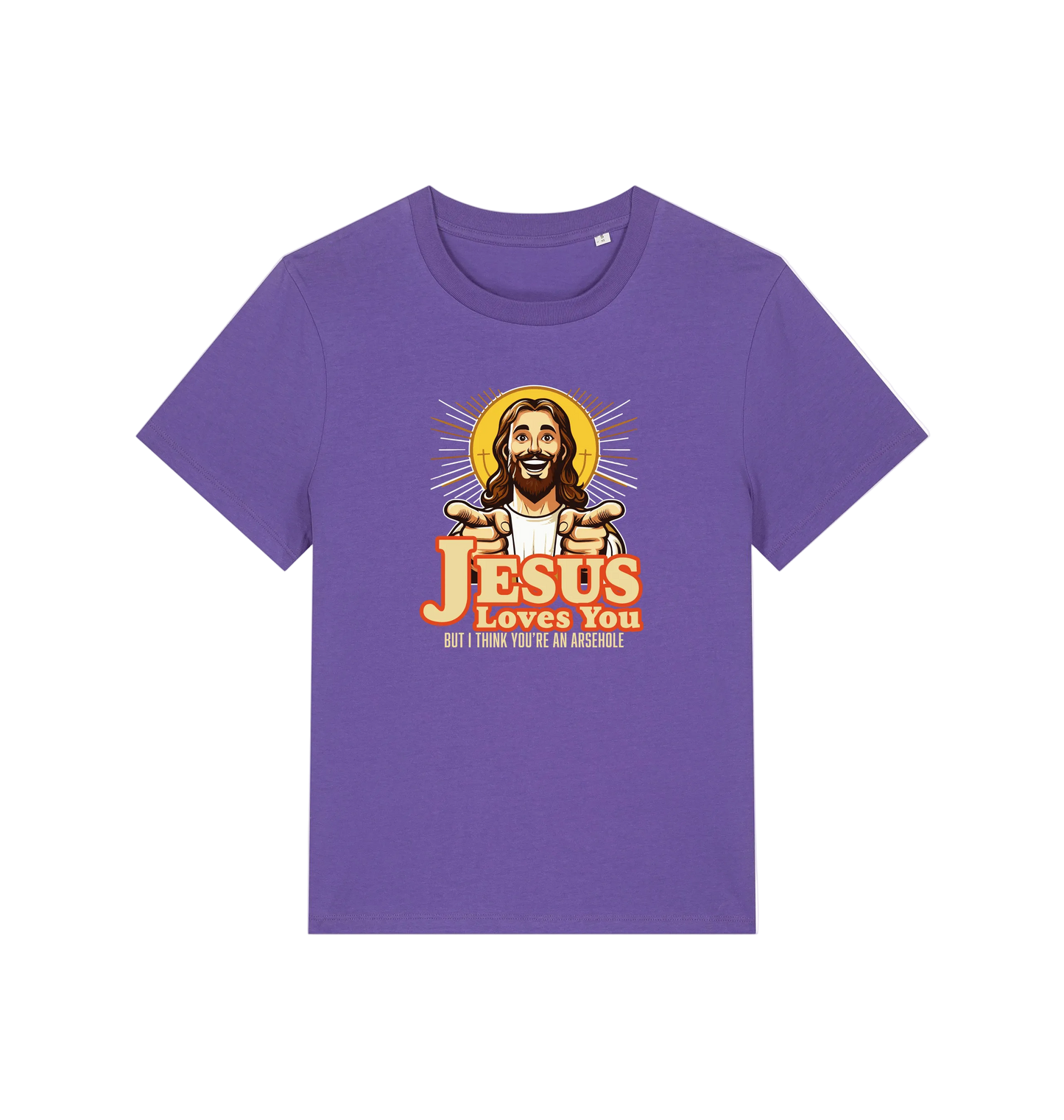 purple funny jesus t-shirt with a graphic of a smiling jesus and the slogan 'jesus loves you but i think you're an arsehole'