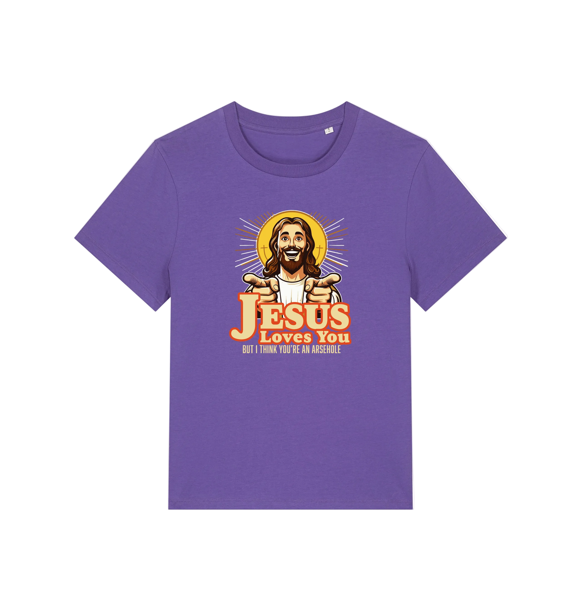 purple funny jesus t-shirt with a graphic of a smiling jesus and the slogan 'jesus loves you but i think you're an arsehole'