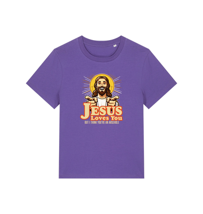 purple funny jesus t-shirt with a graphic of a smiling jesus and the slogan 'jesus loves you but i think you're an arsehole'