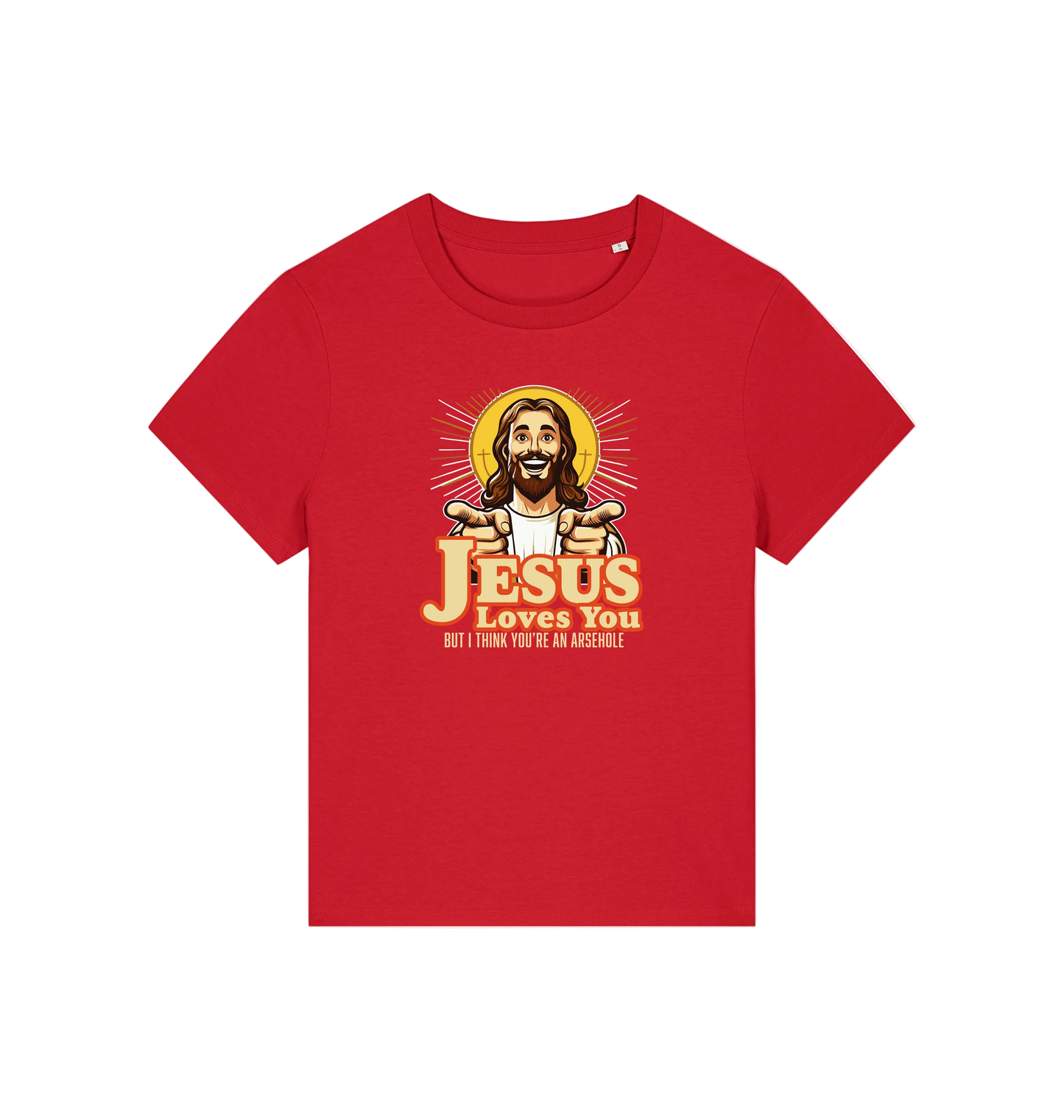 red funny jesus t-shirt with a graphic of a smiling jesus and the slogan 'jesus loves you but i think you're an arsehole'