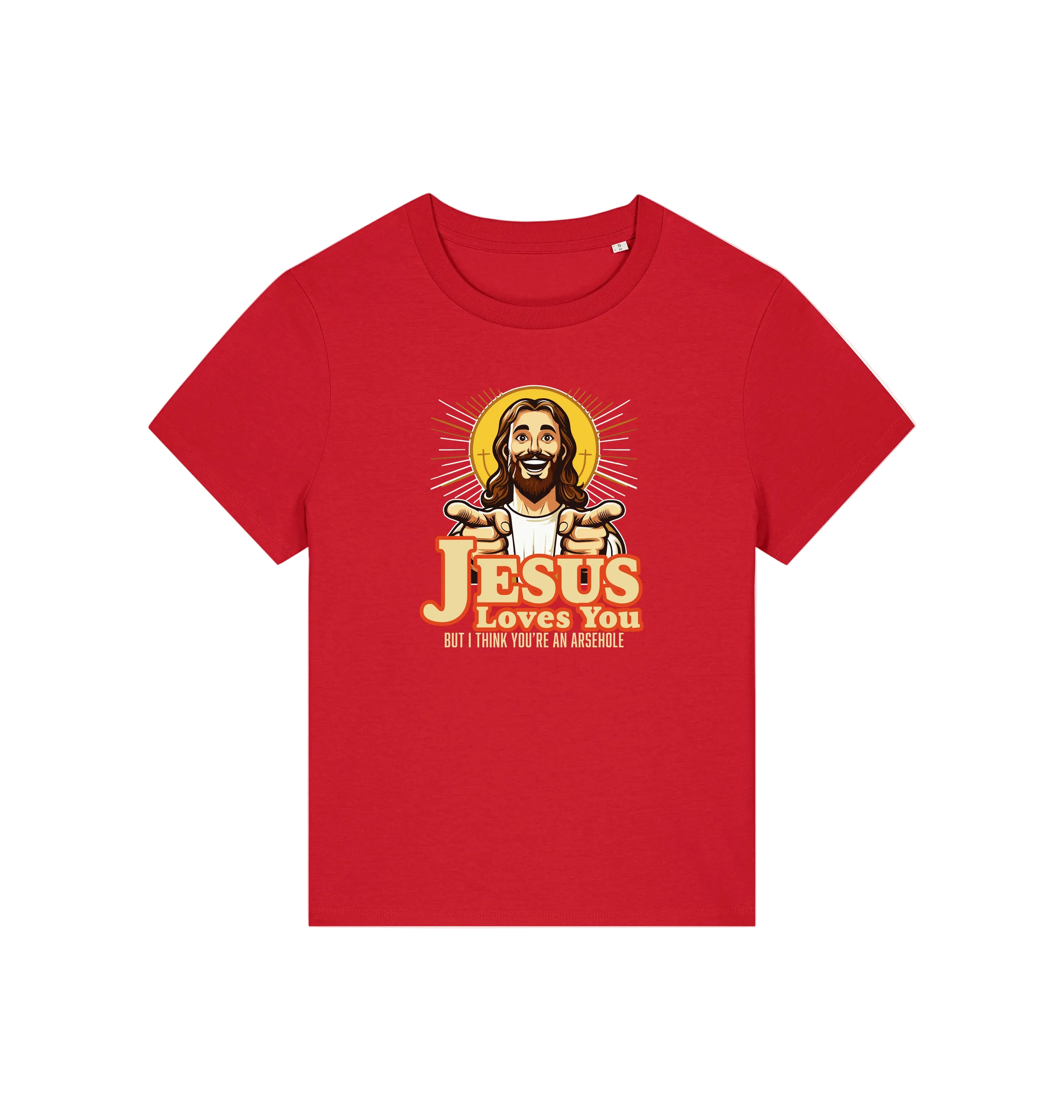 red funny jesus t-shirt with a graphic of a smiling jesus and the slogan 'jesus loves you but i think you're an arsehole'