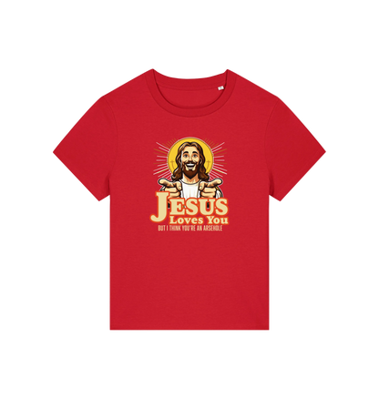 red funny jesus t-shirt with a graphic of a smiling jesus and the slogan 'jesus loves you but i think you're an arsehole'