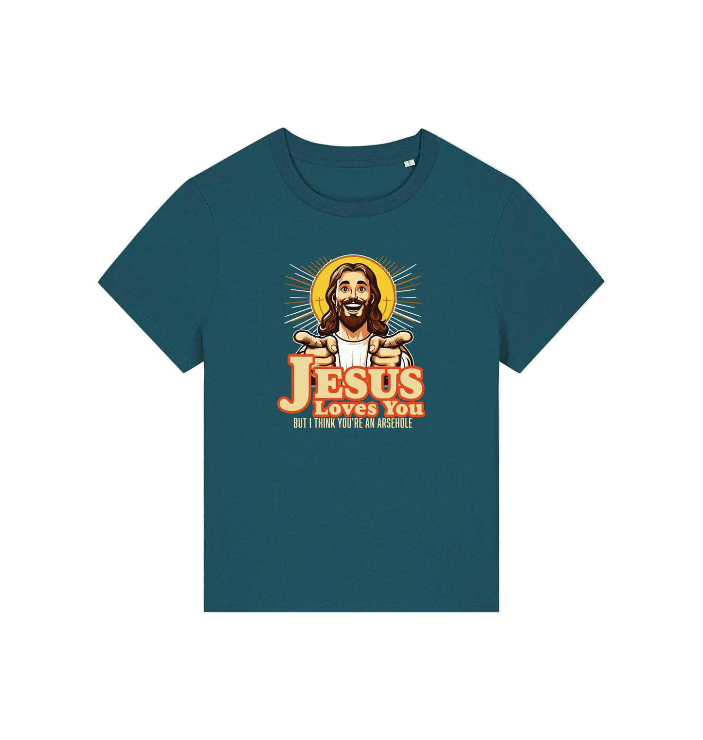 teal funny jesus t-shirt with a graphic of a smiling jesus and the slogan 'jesus loves you but i think you're an arsehole'